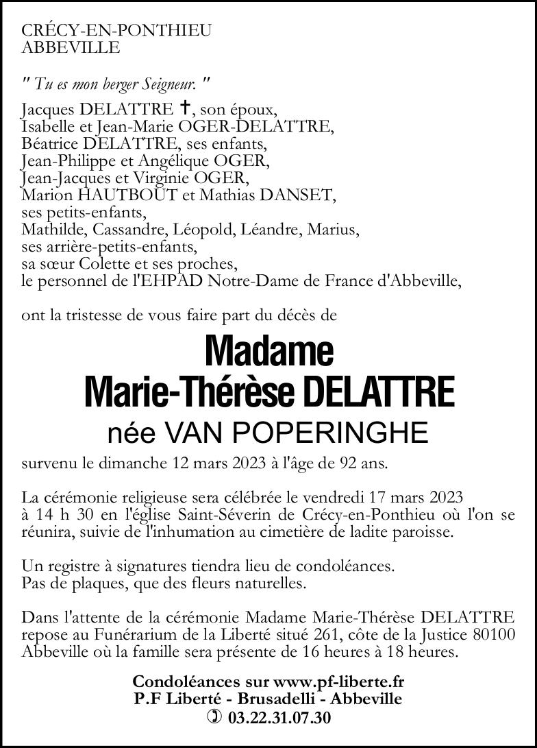 Avis de décès de Marie Thérèse DELATTRE Pompes Funèbres Liberté Brusadelli